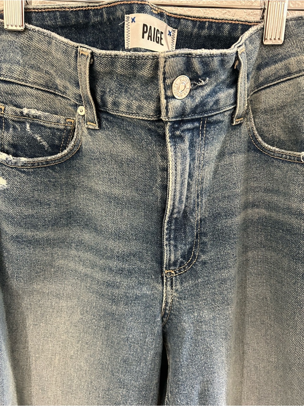PAIGE Wide-Leg Rolled Hem Blue Jeans - Picture 3 of 8